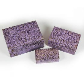 3 in 1 Weathered Wood Floral Jewellery Boxes - Purple